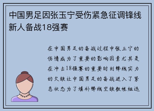 中国男足因张玉宁受伤紧急征调锋线新人备战18强赛 中国男足因张玉宁受伤紧急征调锋线新人备战18强赛