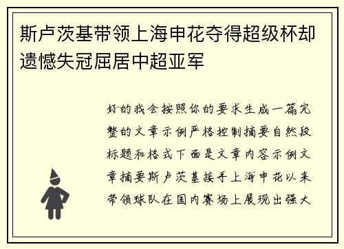 斯卢茨基带领上海申花夺得超级杯却遗憾失冠屈居中超亚军