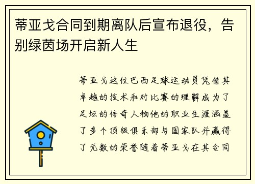 蒂亚戈合同到期离队后宣布退役,告别绿茵场开启新人生 蒂亚戈合同到期离队后宣布退役,告别绿茵场开启新人生